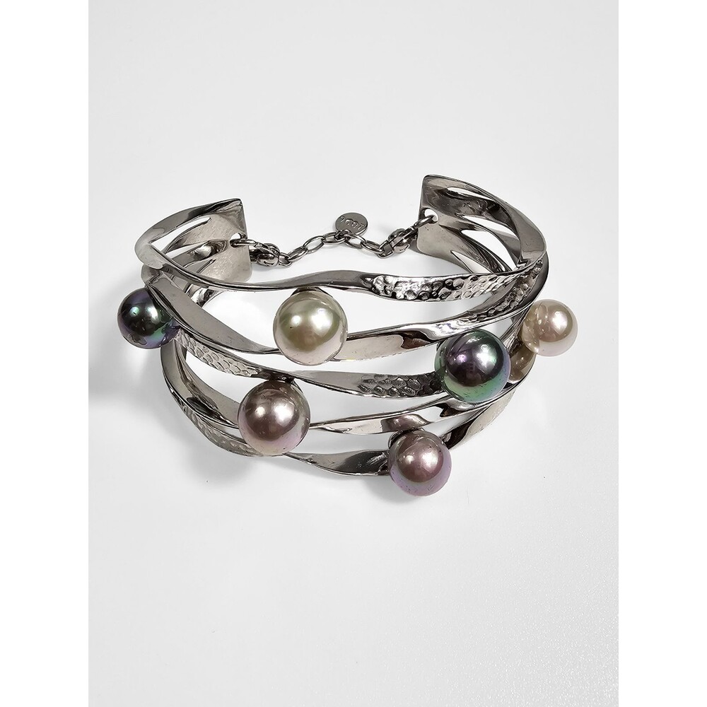 Majorica Rhodium Plated Sterling Silver Modernist Simulated Pearl Cuff Bracelet